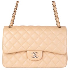 CHANEL beige quilted Caviar leather TIMELESS CLASSIC FLAP LARGE Shoulder Bag