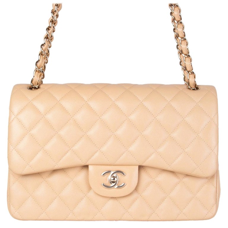CHANEL beige quilted Caviar leather TIMELESS CLASSIC FLAP LARGE Shoulder Bag  at 1stDibs