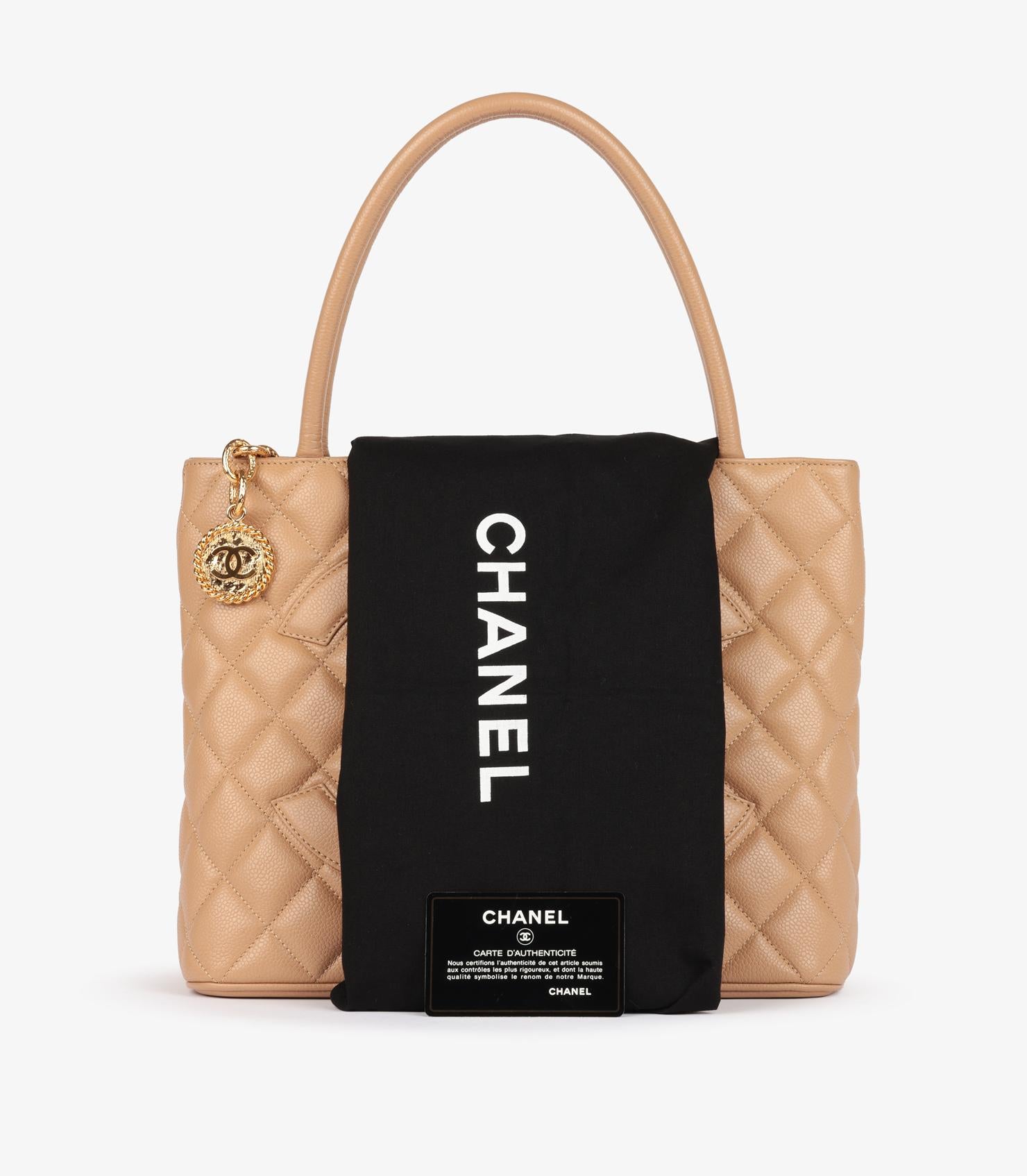 Chanel Beige Gesteppte Kaviar Leder Vintage Medaillon Tote im Angebot 7