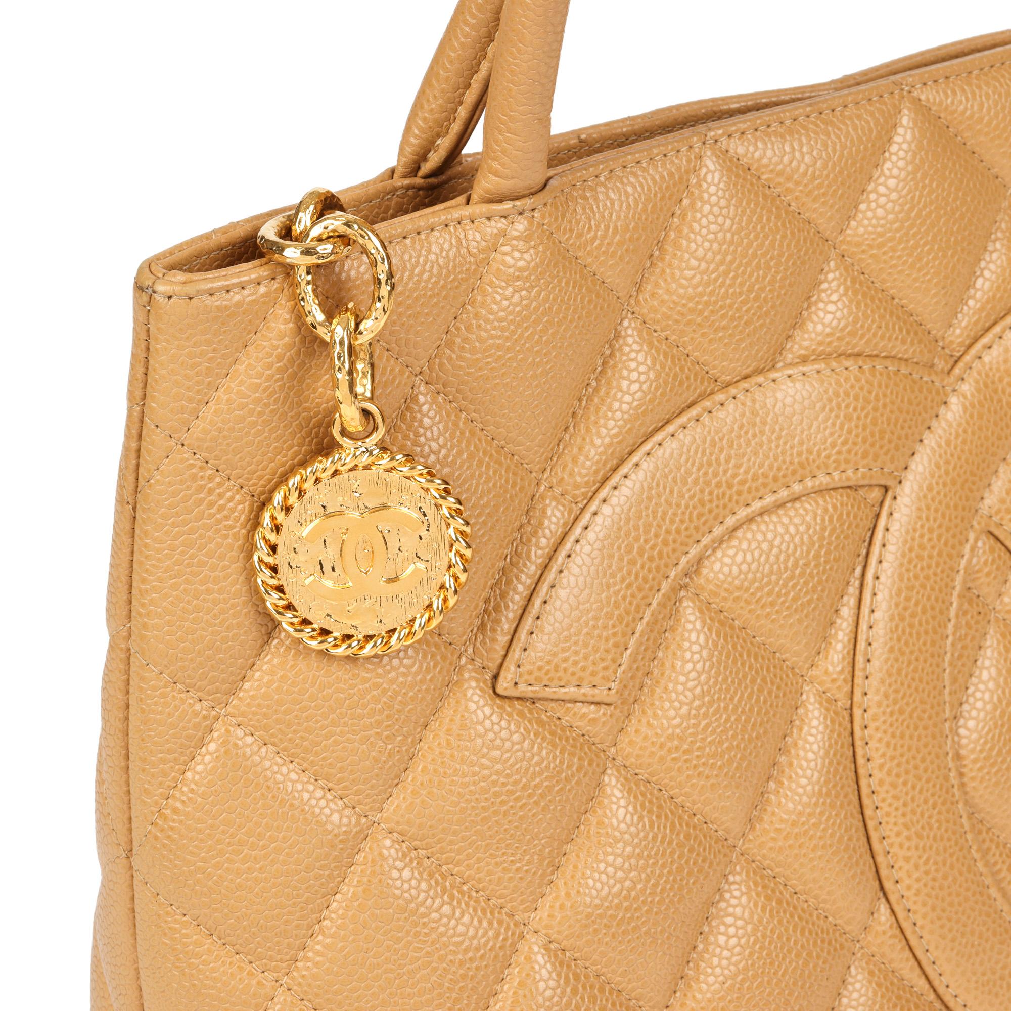Orange Chanel Beige Quilted Caviar Leather Vintage Medallion Tote