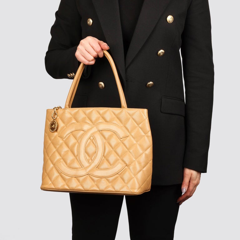 Chanel Beige Quilted Caviar Leather Vintage Medallion Tote at