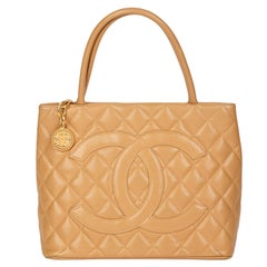 Chanel Beige Quilted Caviar Leather Vintage Medallion Tote