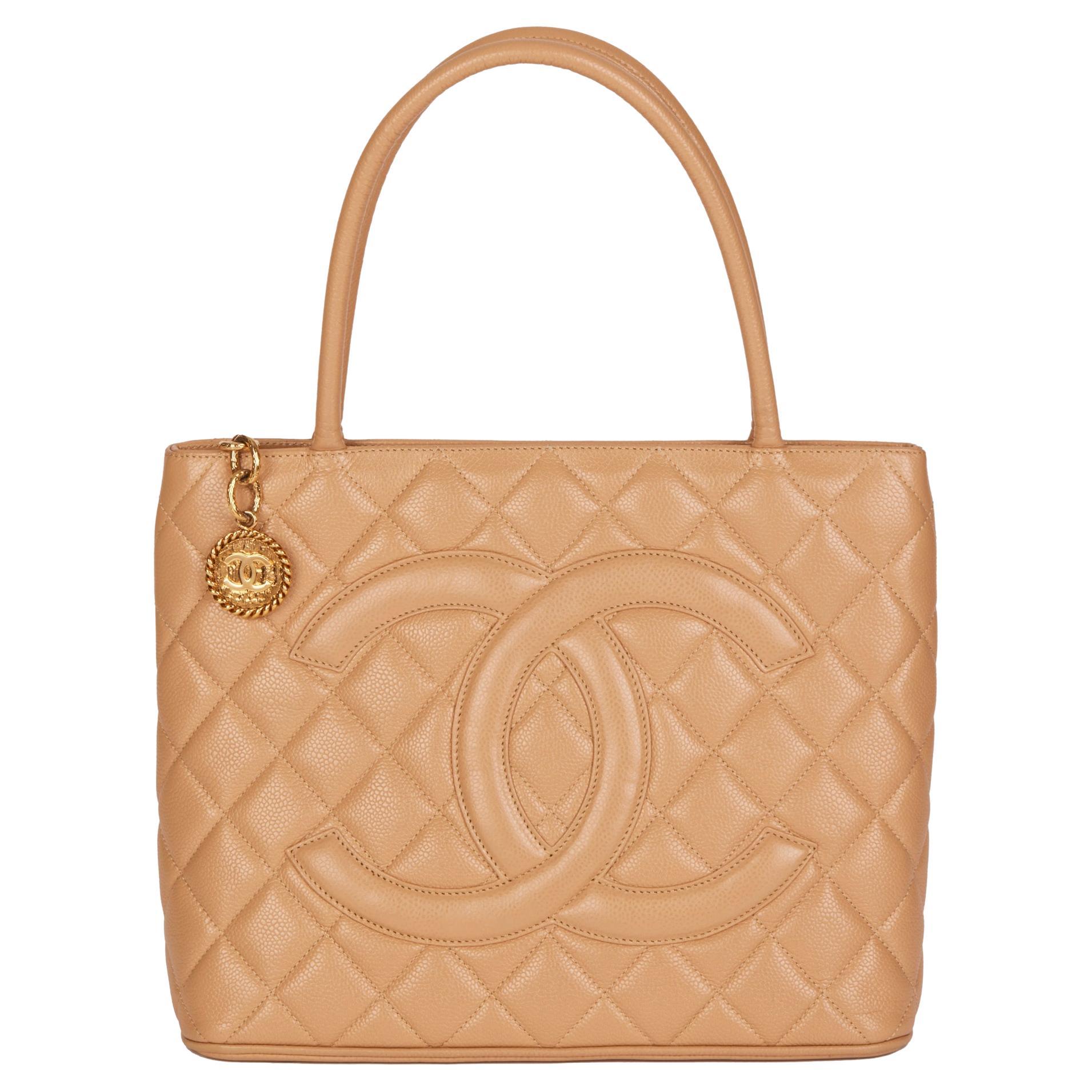 CHANEL Beige Quilted Caviar Leather Vintage Medallion Tote