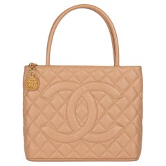 CHANEL Beige Quilted Caviar Leather Vintage Medallion Tote
