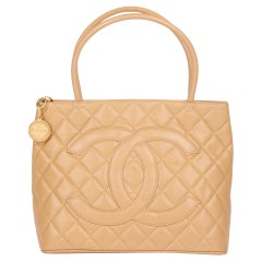 CHANEL Beige Quilted Caviar Leather Vintage Medallion Tote