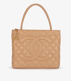 Chanel Beige Quilted Caviar Leather Vintage Medallion Tote