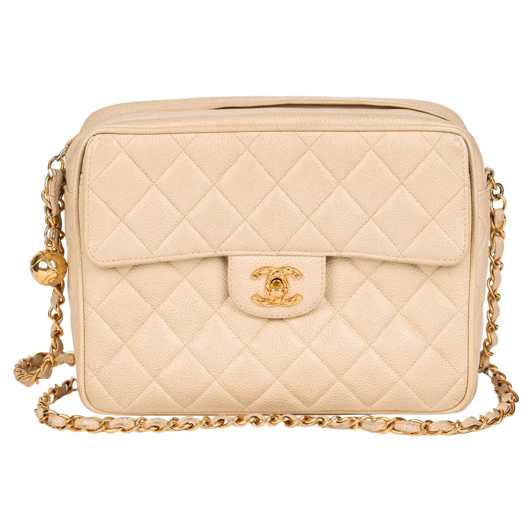 CHANEL Beige Quilted Caviar Leather Vintage Small Classic Camera Bag