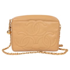 Chanel Beige Quilted Caviar Leather Vintage Small Triple Logo Camera Bag