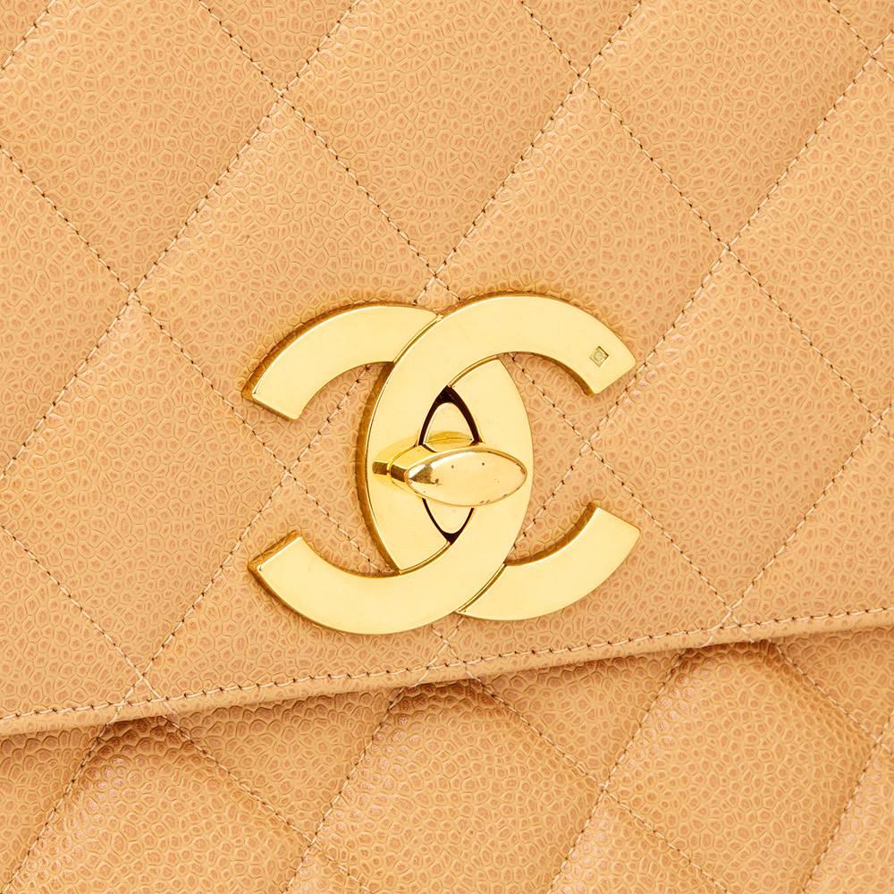 Women's 1996 Chanel Beige Quilted Caviar Leather Vintage XL Classic Single Flap Bag