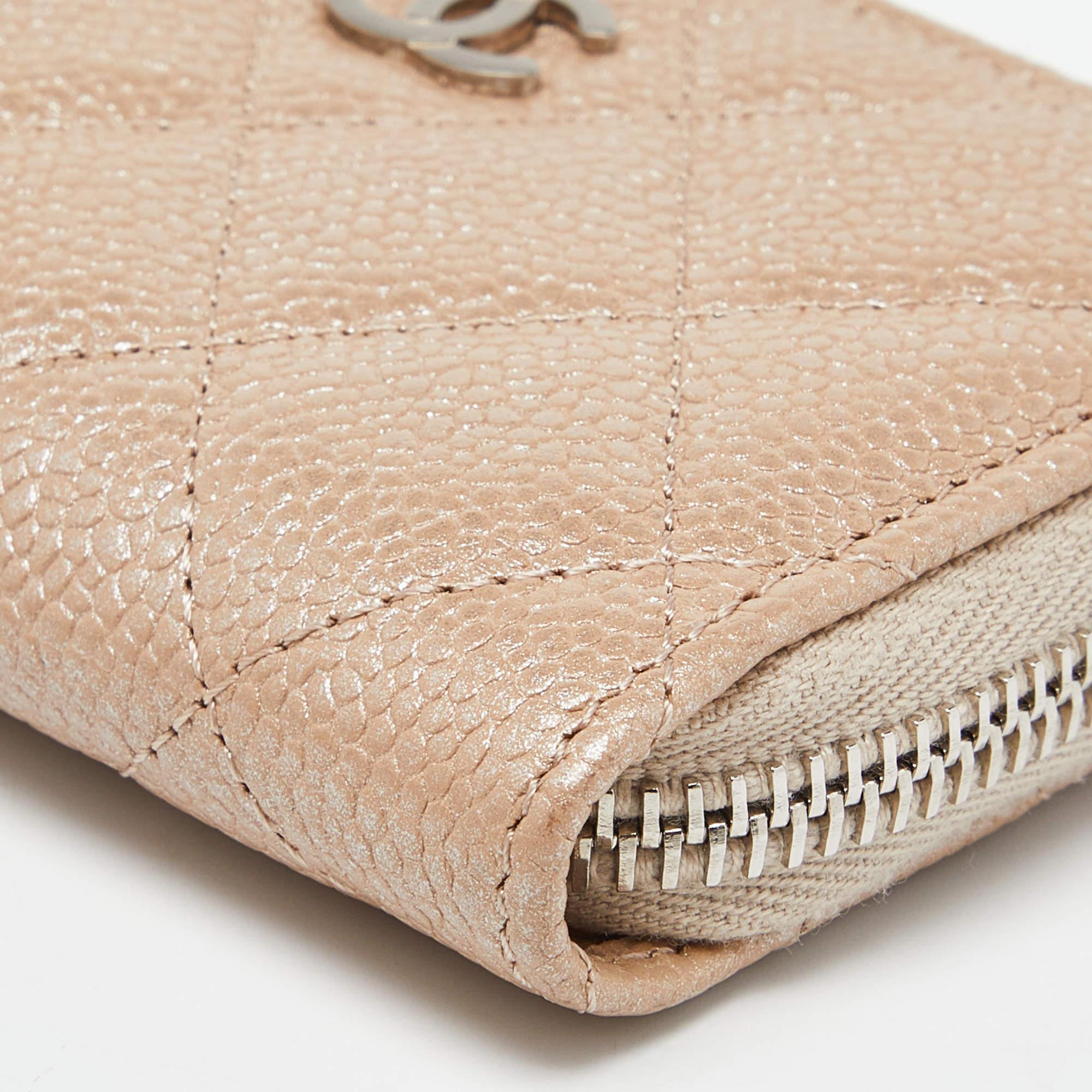 Chanel Beige Quilted Caviar Leather Zip Around Coin Purse For Sale 7