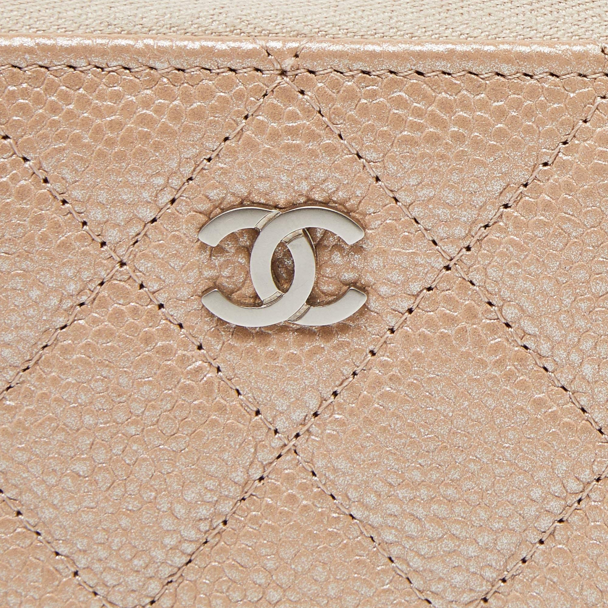 Chanel Beige Quilted Caviar Leather Zip Around Coin Purse For Sale 8