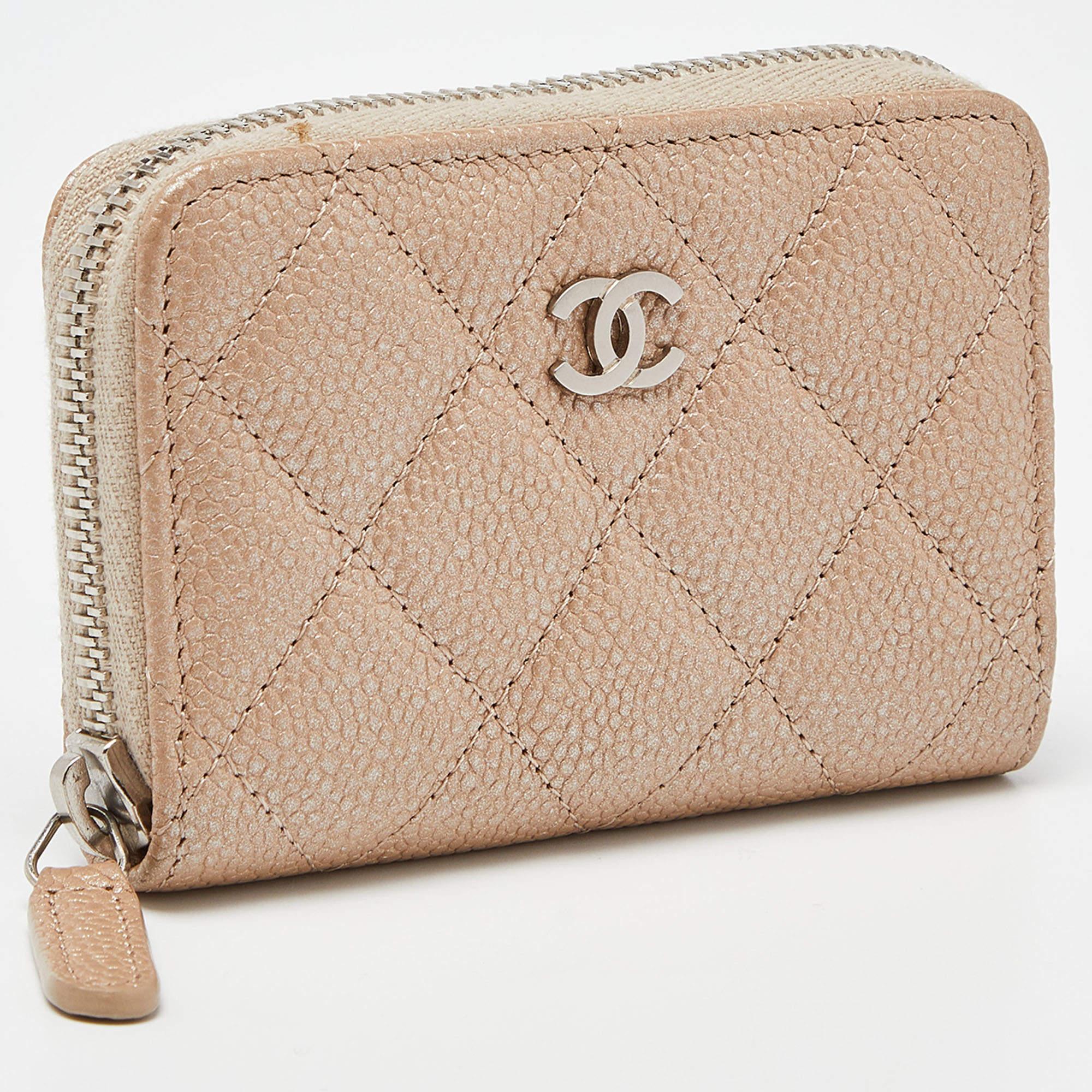 Chanel Beige Quilted Caviar Leather Zip Around Coin Purse For Sale 9