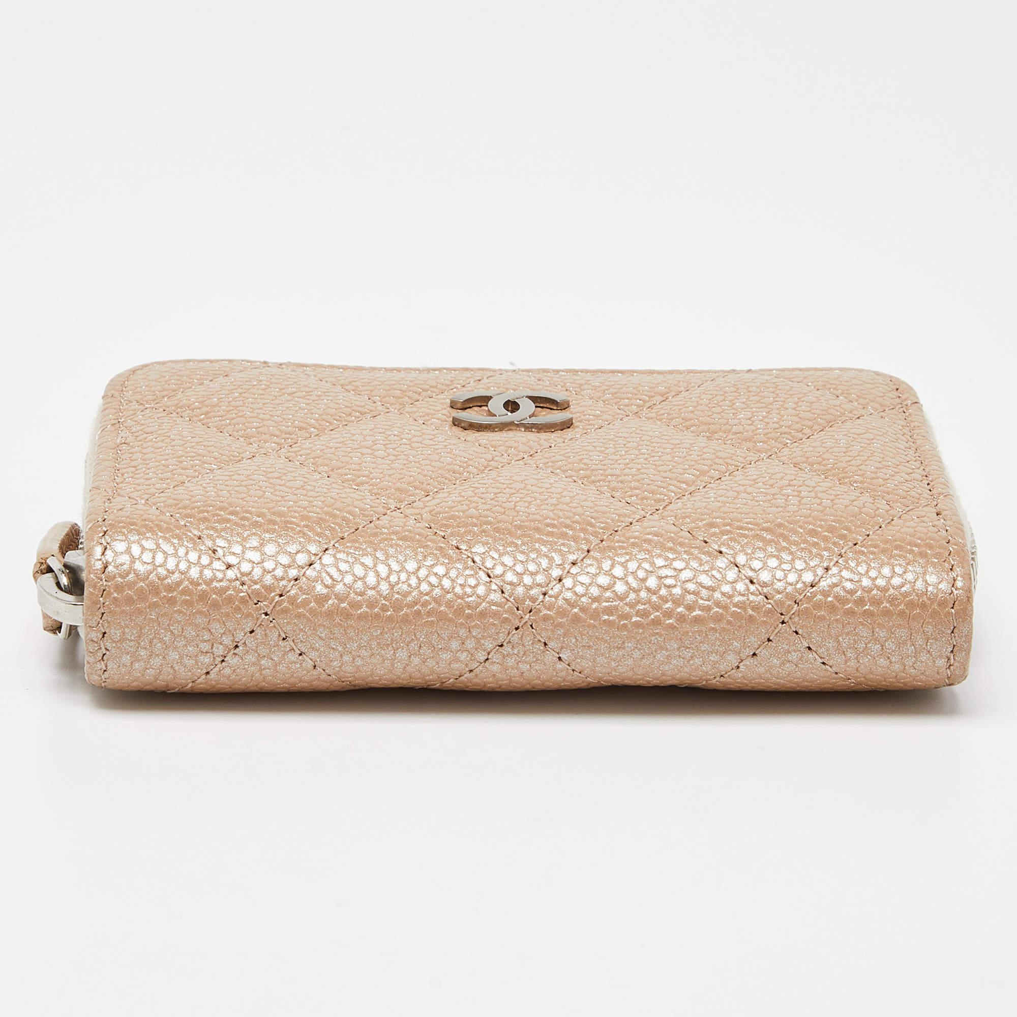 Chanel Beige Quilted Caviar Leather Zip Around Coin Purse For Sale 5