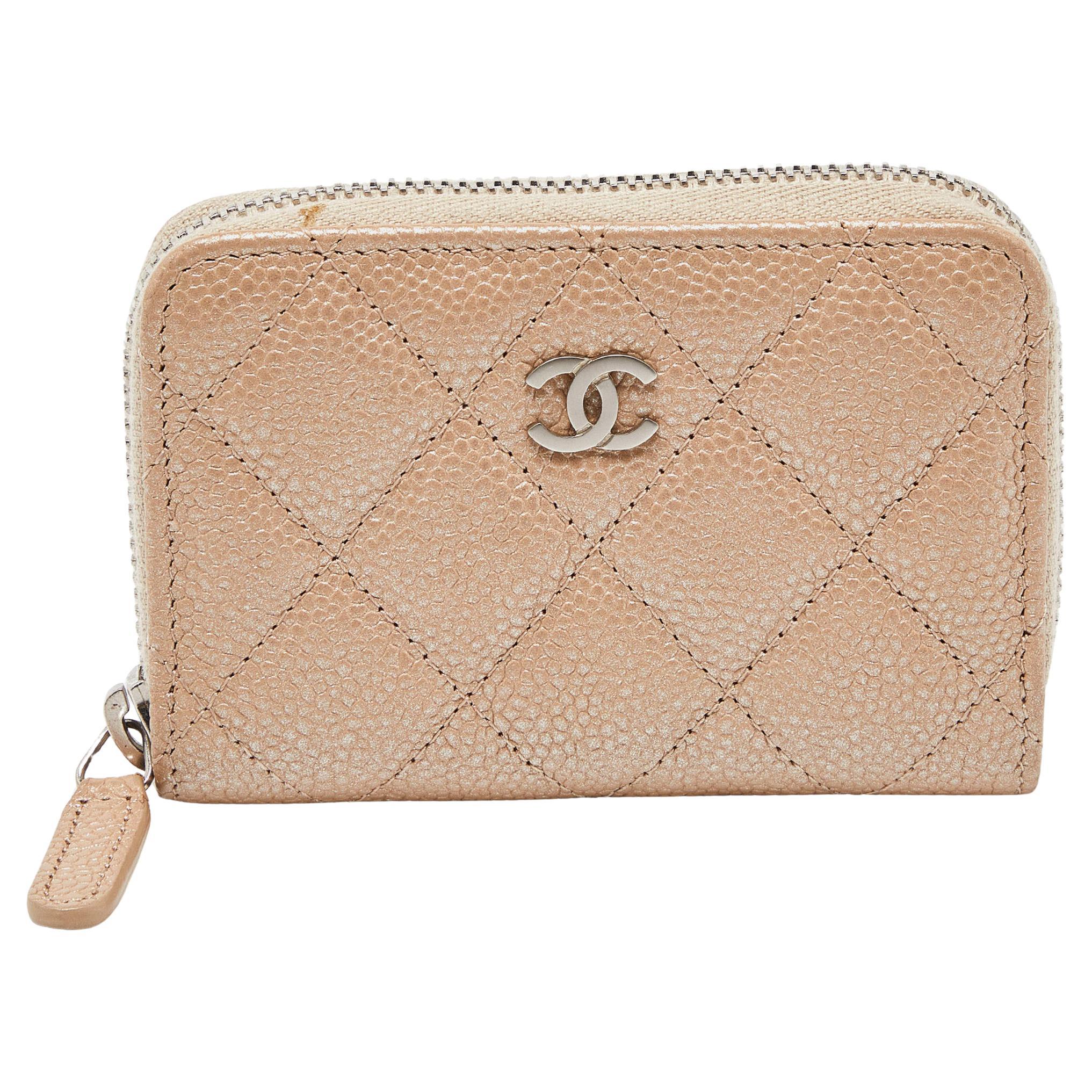 Chanel Beige Quilted Caviar Leather Zip Around Coin Purse For Sale