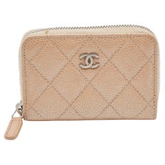 Used Chanel Beige Quilted Caviar Leather Zip Around Coin Purse