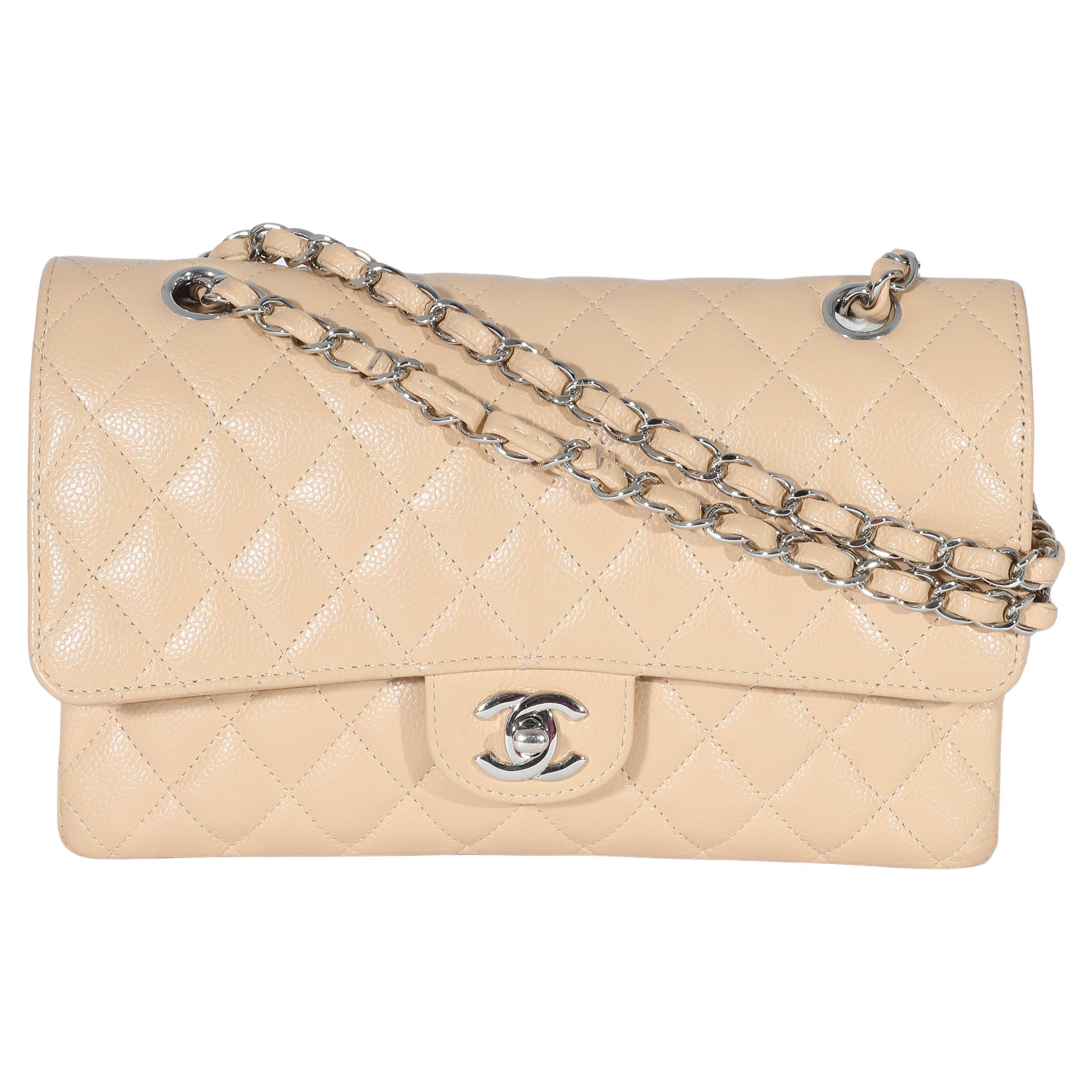 Chanel Beige Quilted Caviar Medium Classic Double Flap Bag For Sale