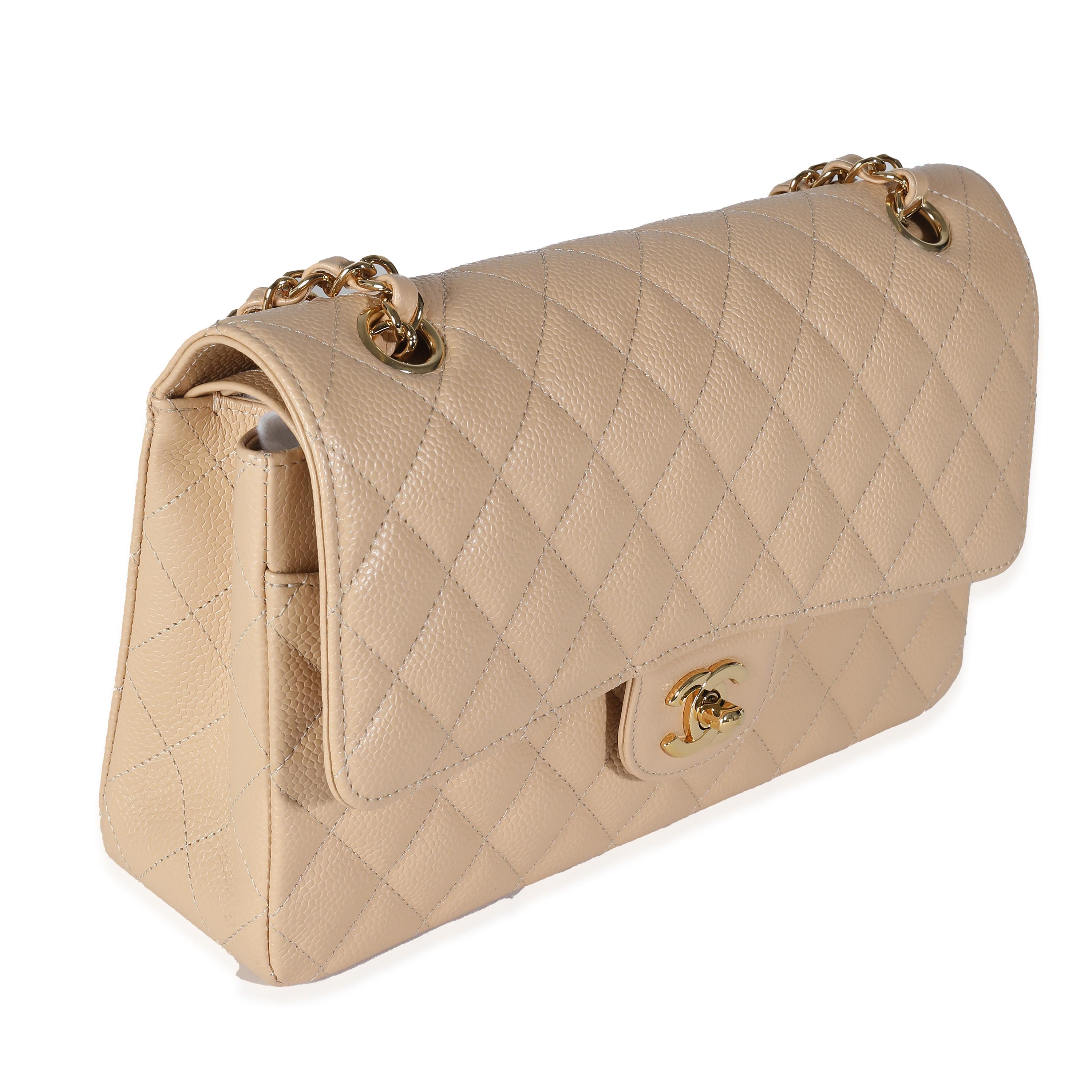 Chanel Beige Quilted Caviar Medium Classic Double Flap Handbag In Excellent Condition In New York, NY