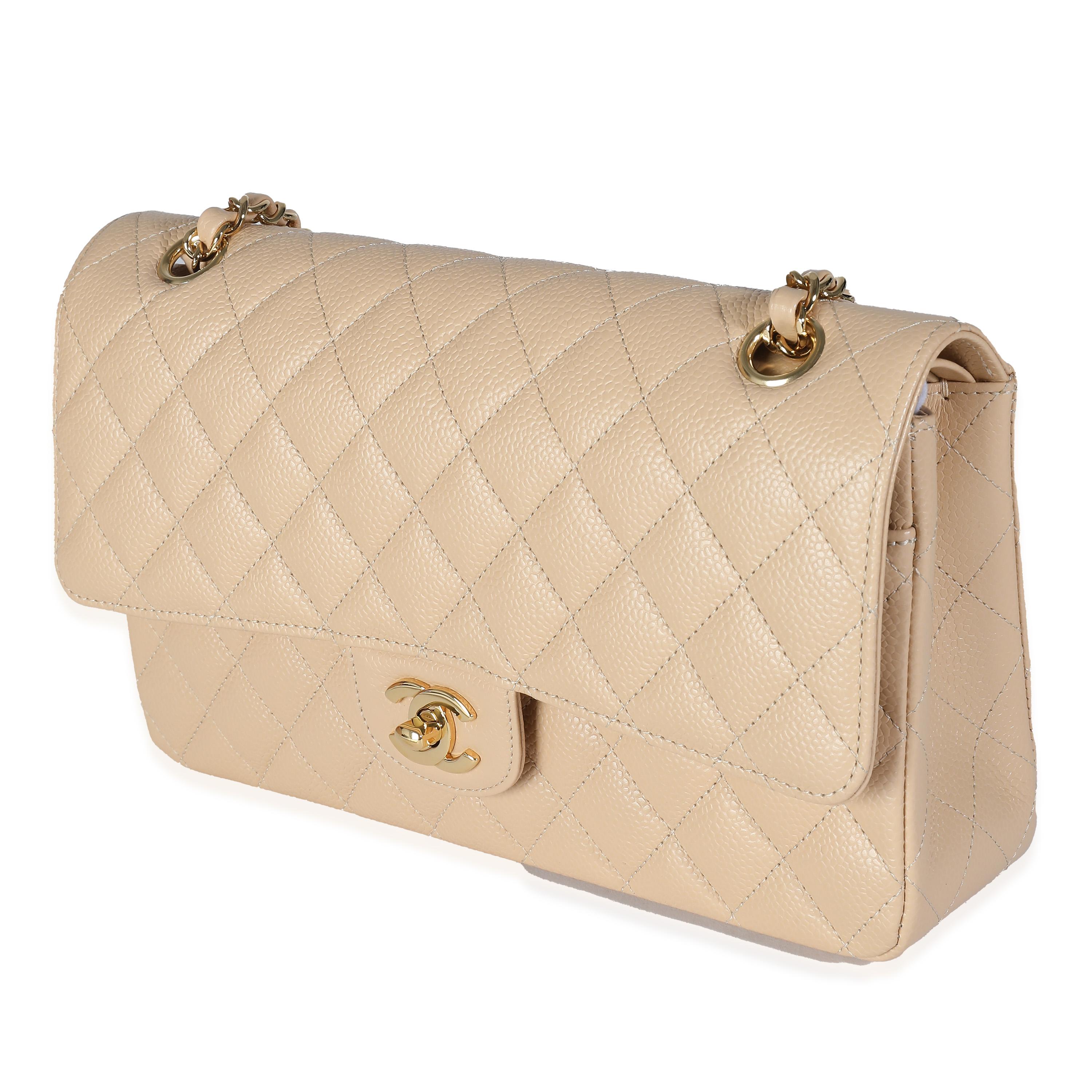 Women's Chanel Beige Quilted Caviar Medium Classic Double Flap Handbag