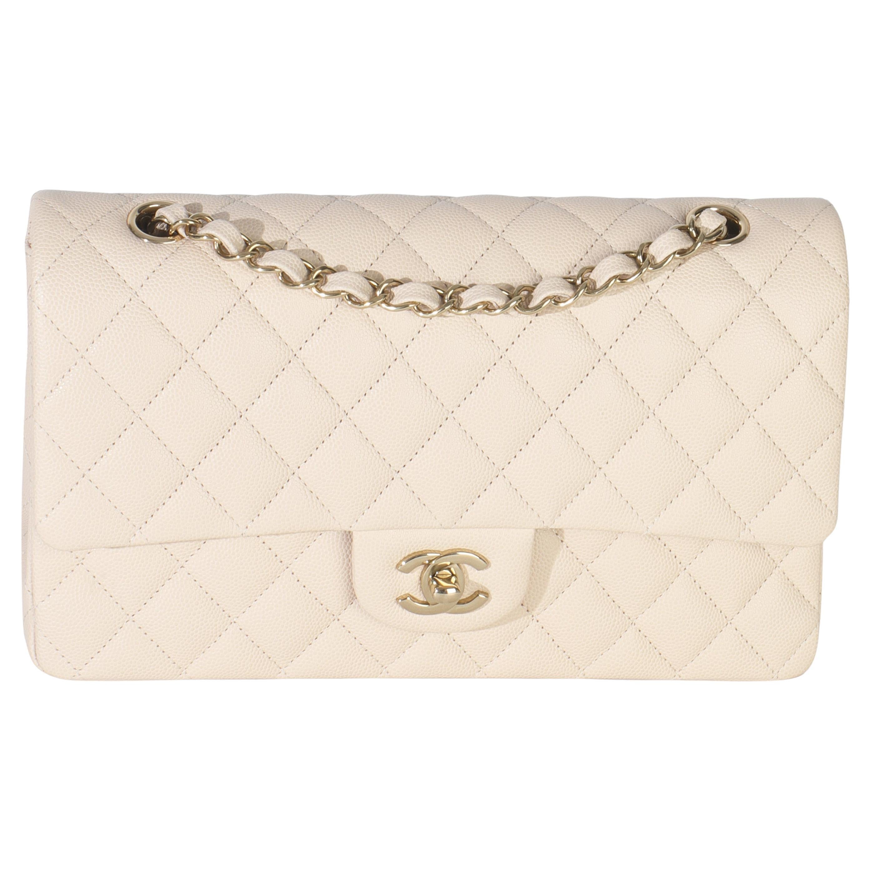 Chanel Beige Quilted Caviar Medium Classic Double Flap Handbag