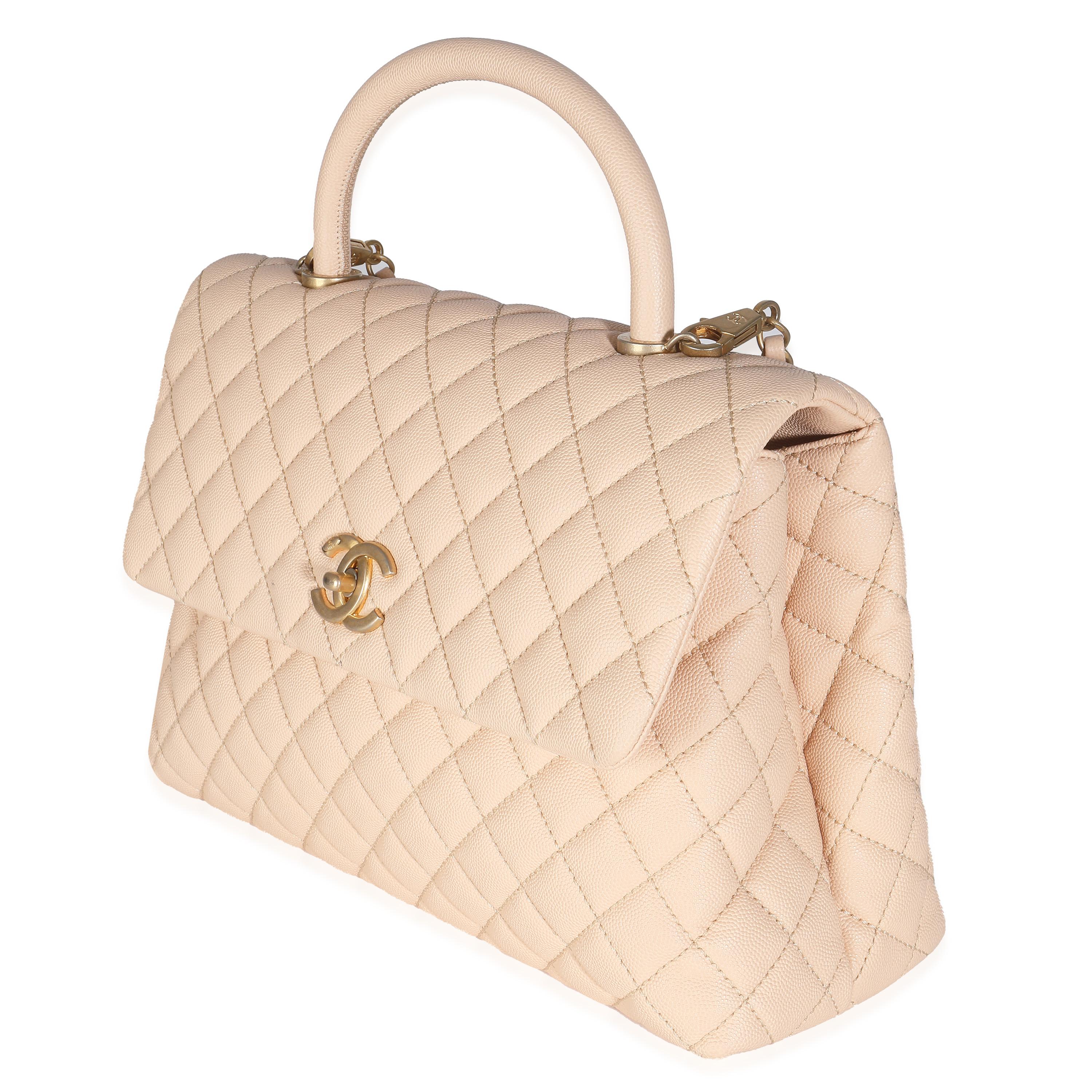 Chanel Beige Quilted Caviar Medium Coco Top Handle Handbag In Excellent Condition For Sale In New York, NY