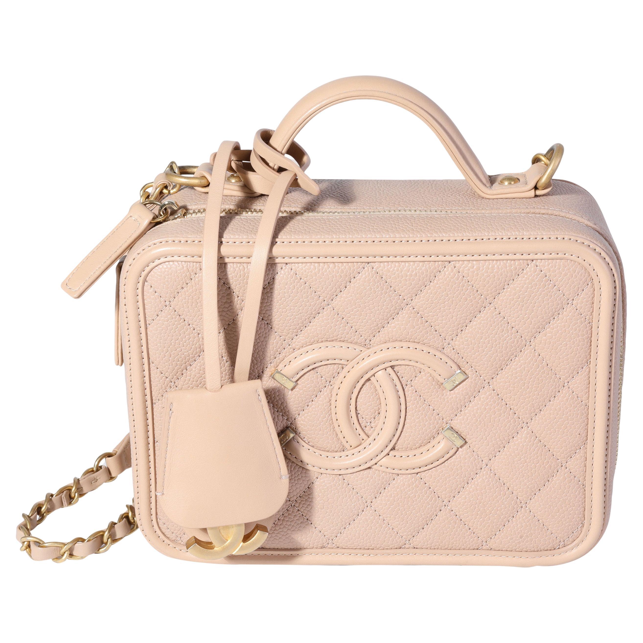 Chanel Beige Quilted Caviar Medium Filigree Vanity Case For Sale