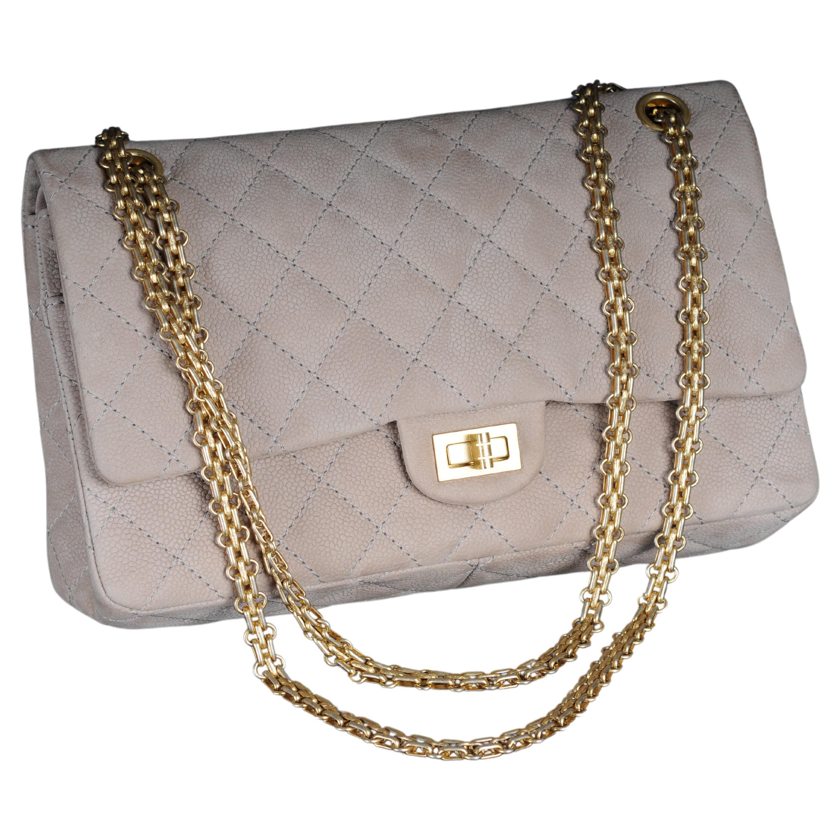 Chanel beige quilted caviar nubuck leather Reissue 2.55 Classic 226 Flap Bag For Sale