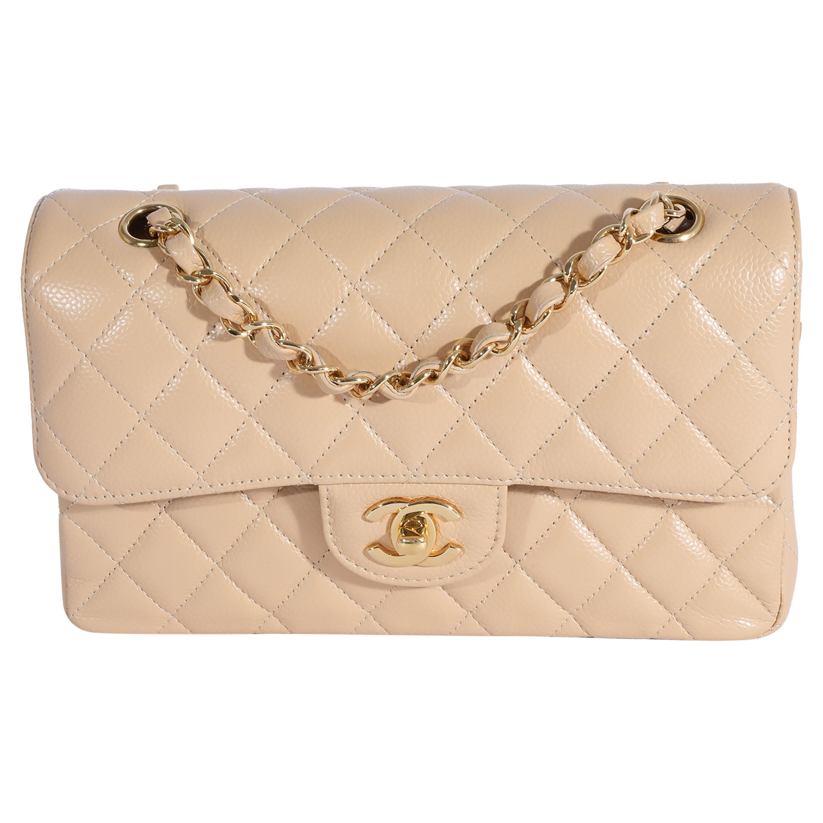 Chanel Beige Quilted Caviar Small Classic Double Flap For Sale at