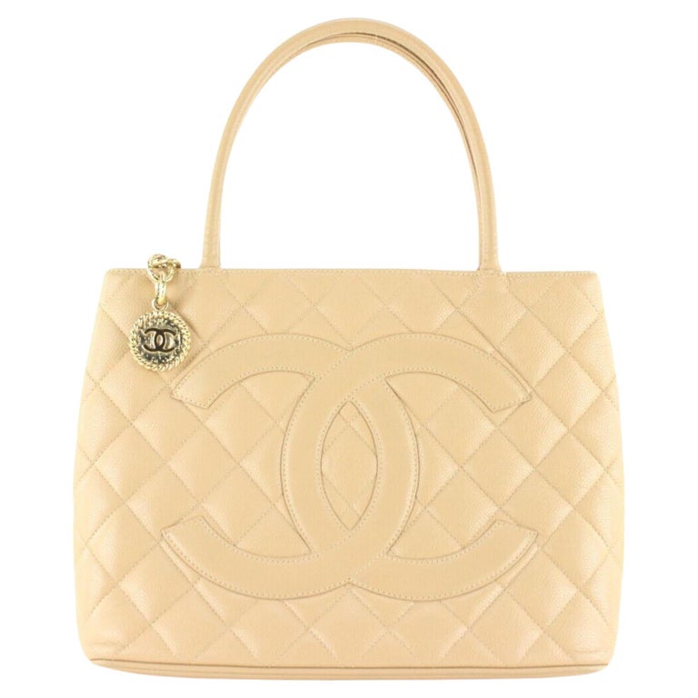 Chanel Beige Quilted Caviar Zip Medallion Tote 1CC1230 For Sale at