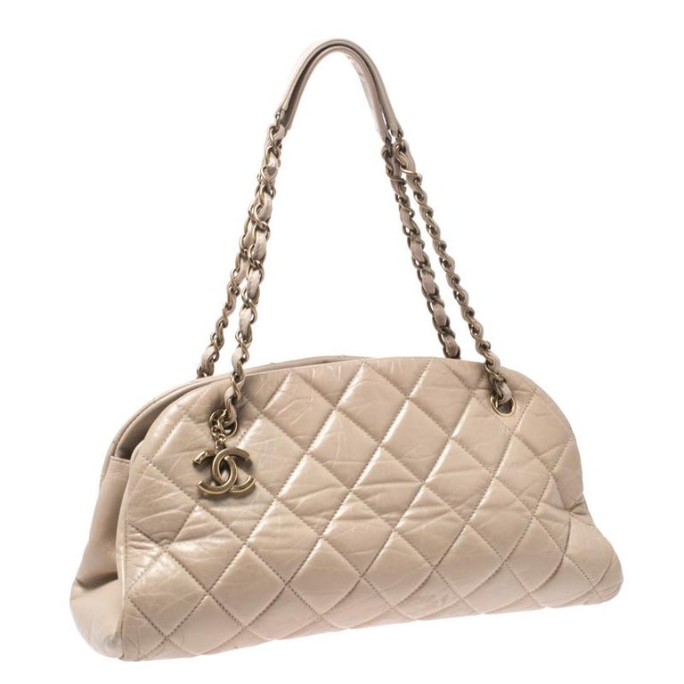 Chanel Beige Quilted Crackled Leather Medium Just Mademoiselle Bowling Bag