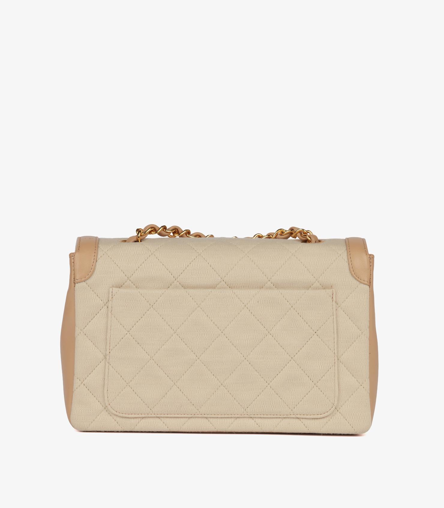Chanel Beige Quilted Jersey Fabric & Lambskin Leather Small Classic Single Flap en vente 1