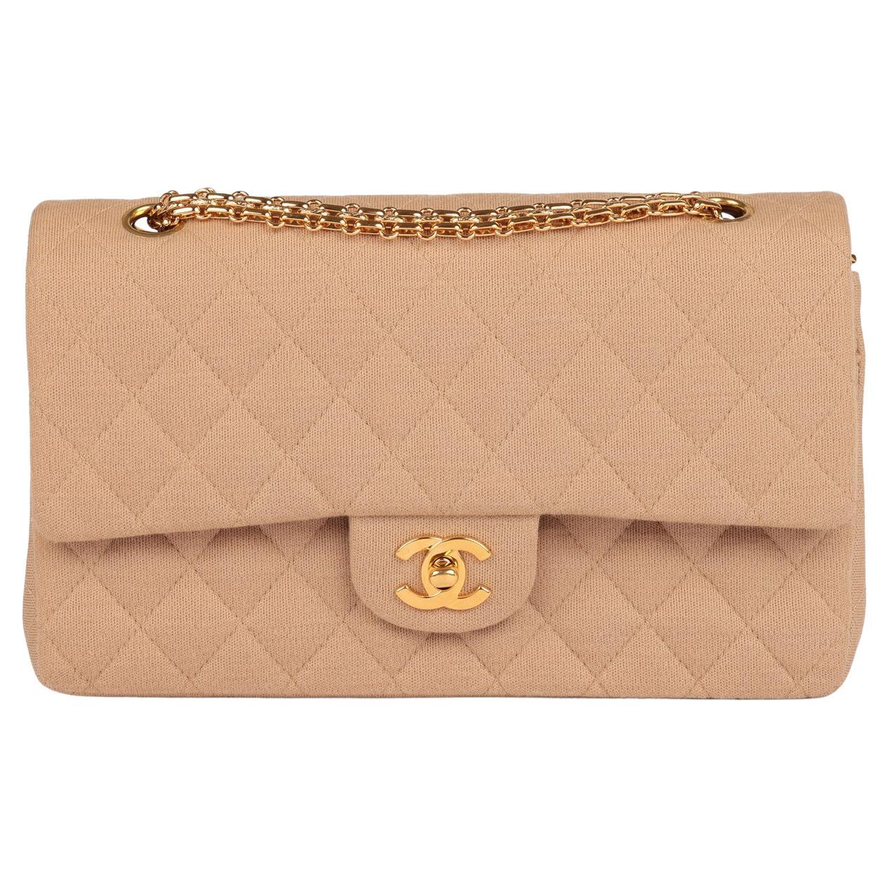 Chanel Beige Quilted Jersey Fabric Vintage Medium Classic Double Flap Bag