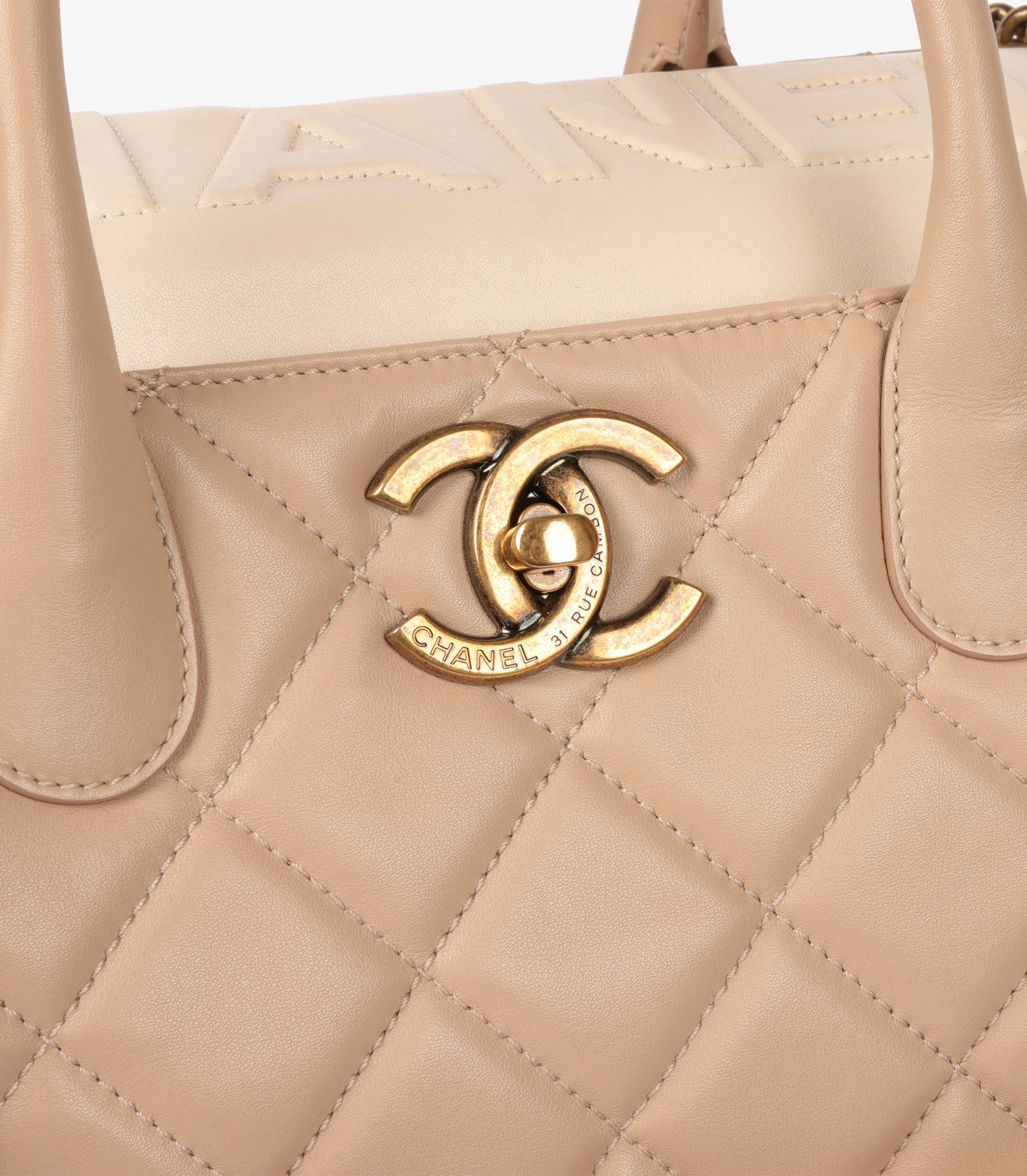 Chanel Beige Quilted Lambskin & Cream Calfskin Leather Portobello Shoulder Tote In Excellent Condition In Bishop's Stortford, Hertfordshire