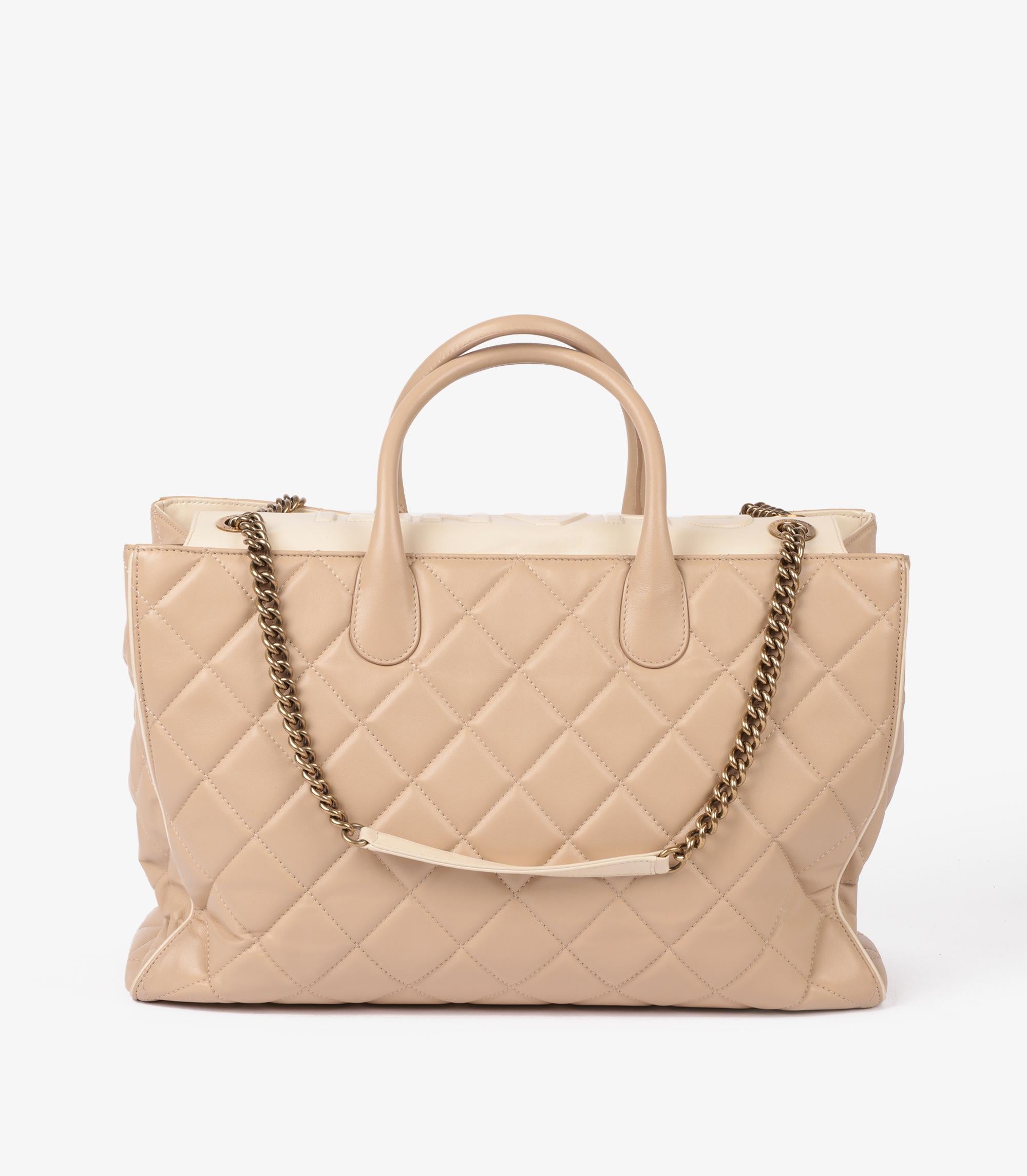 Chanel Beige Quilted Lambskin & Cream Calfskin Leather Portobello Shoulder Tote 2