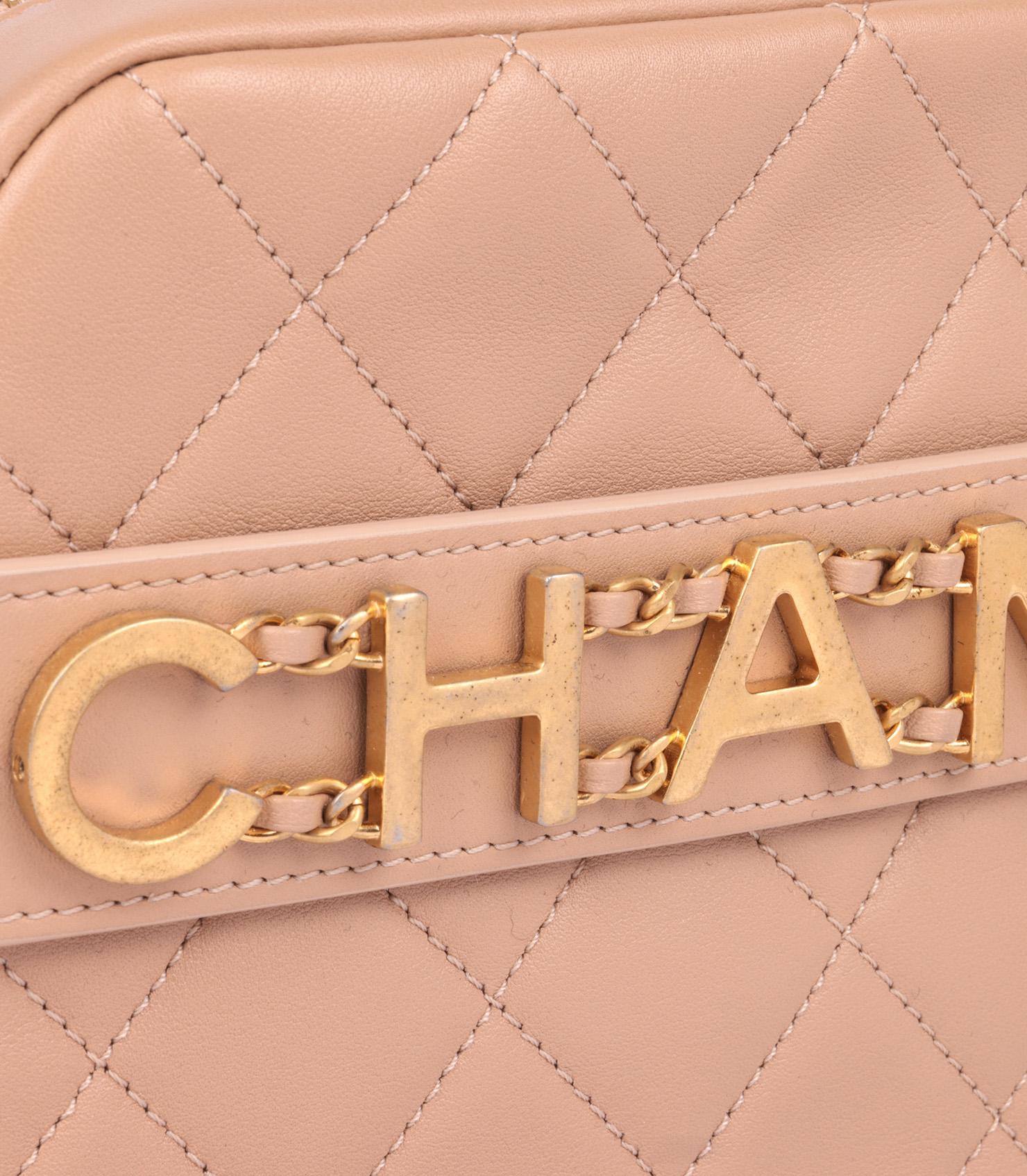 Chanel Beige gesteppte Kameratasche aus Lammfell mit Intarsien im Angebot 4
