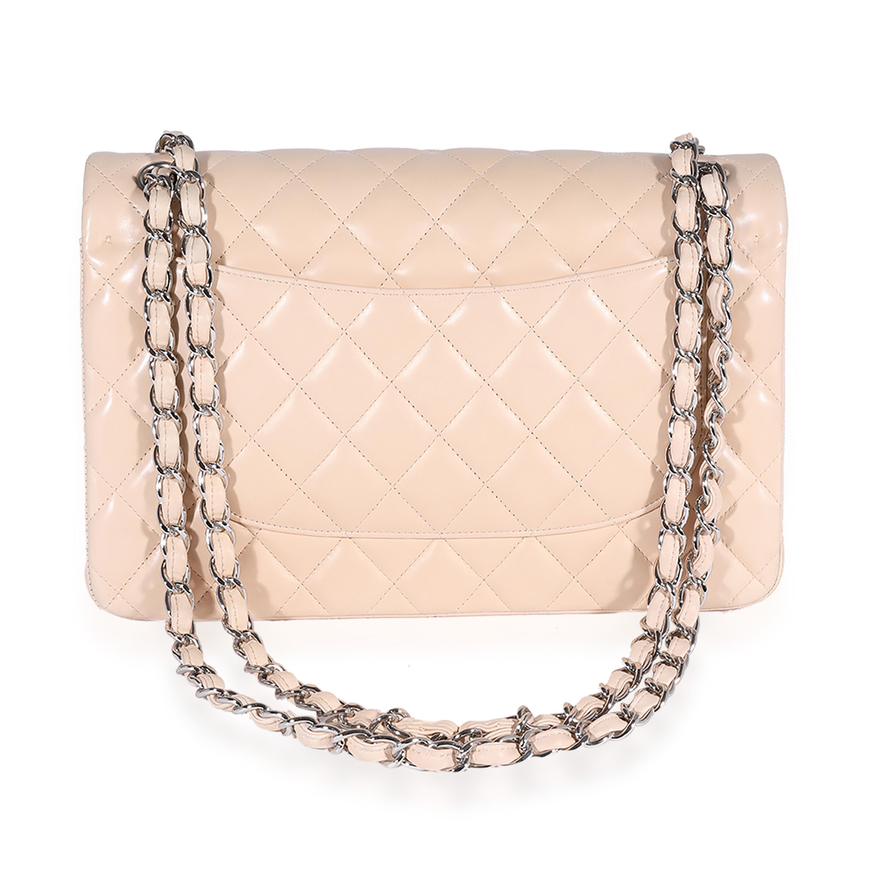 Chanel Beige Quilted Lambskin Jumbo Classic Double Flap Bag In Excellent Condition In New York, NY