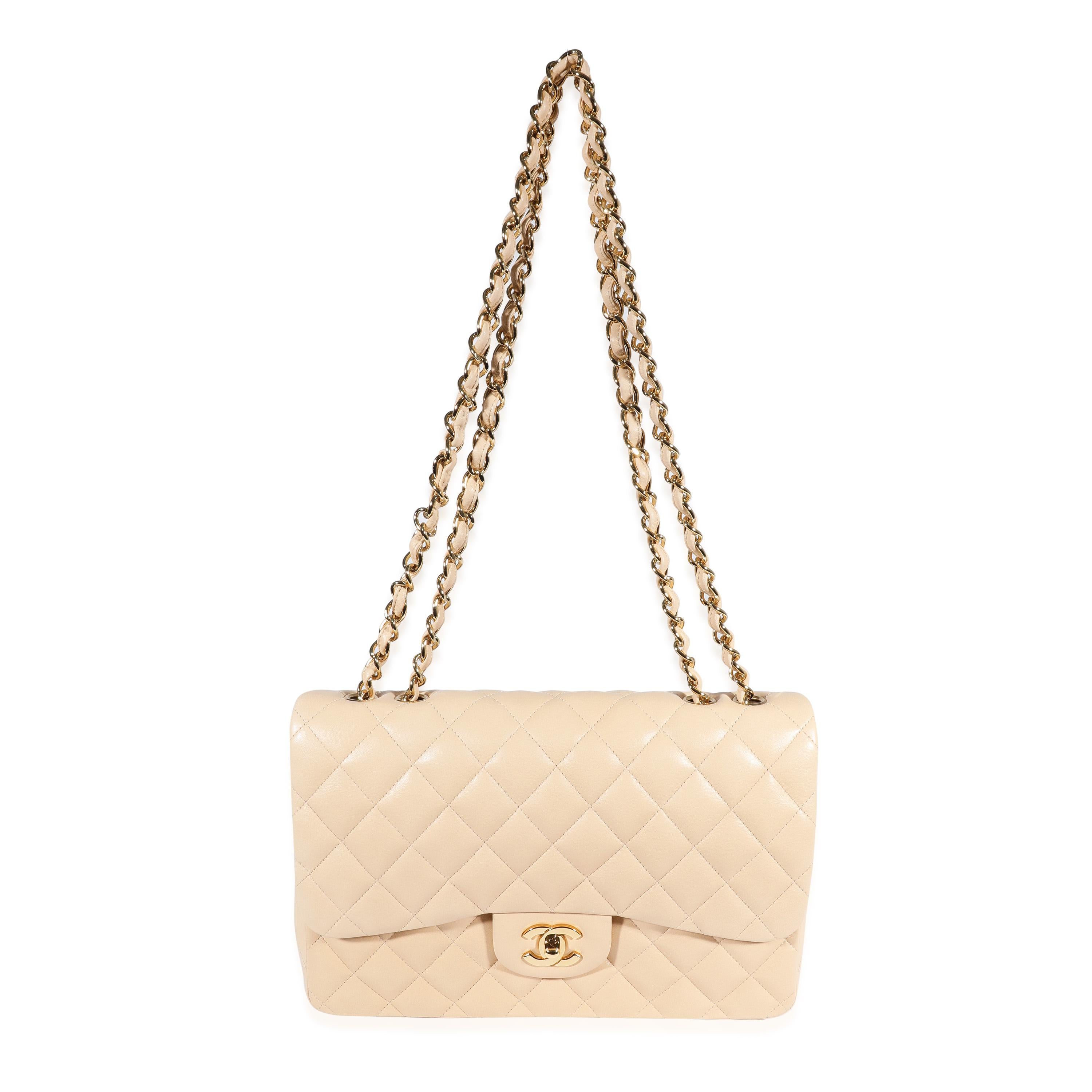 Chanel Beige Quilted Lambskin Jumbo Classic Single Flap Bag In Good Condition In New York, NY