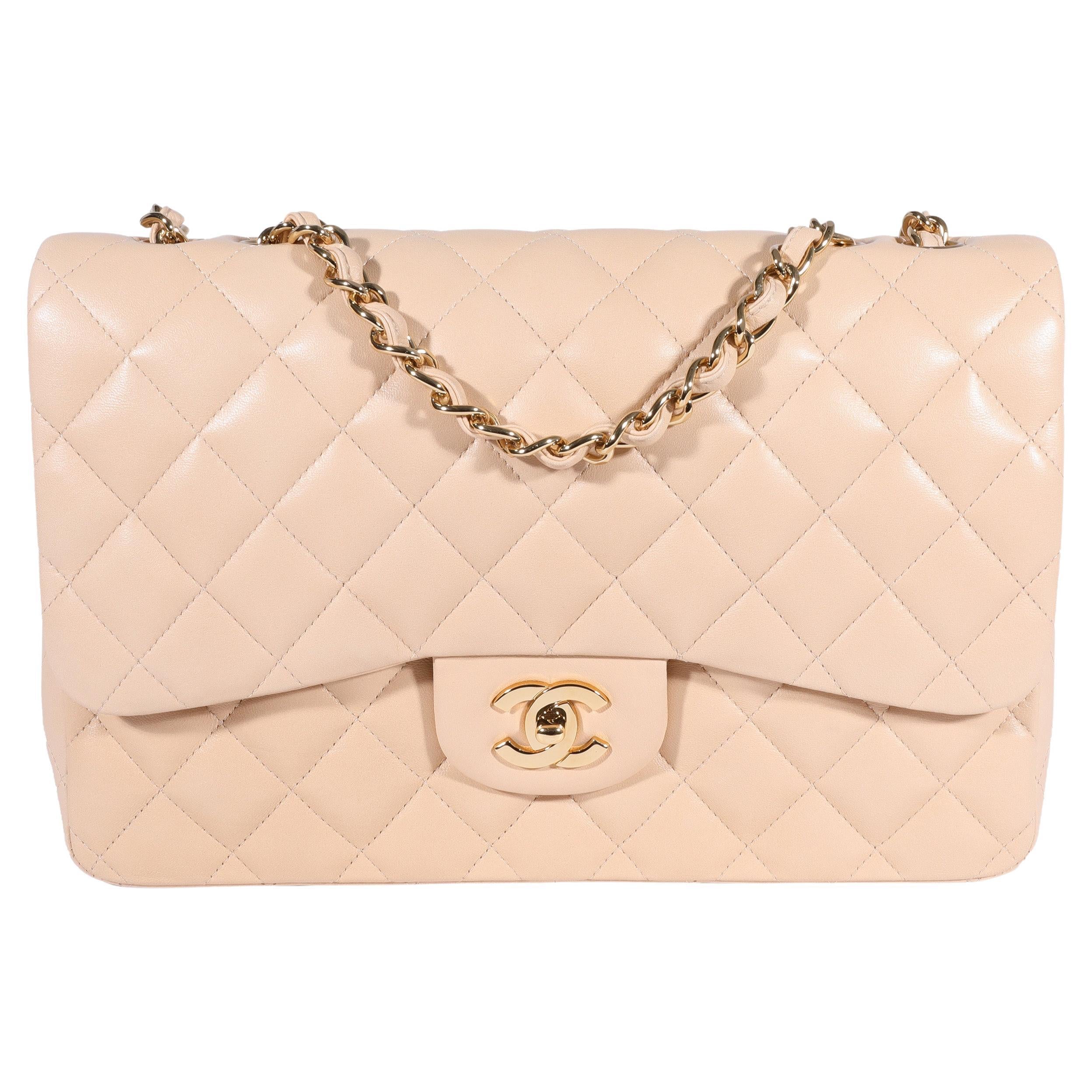 Chanel Beige Quilted Lambskin Jumbo Classic Single Flap Bag For
