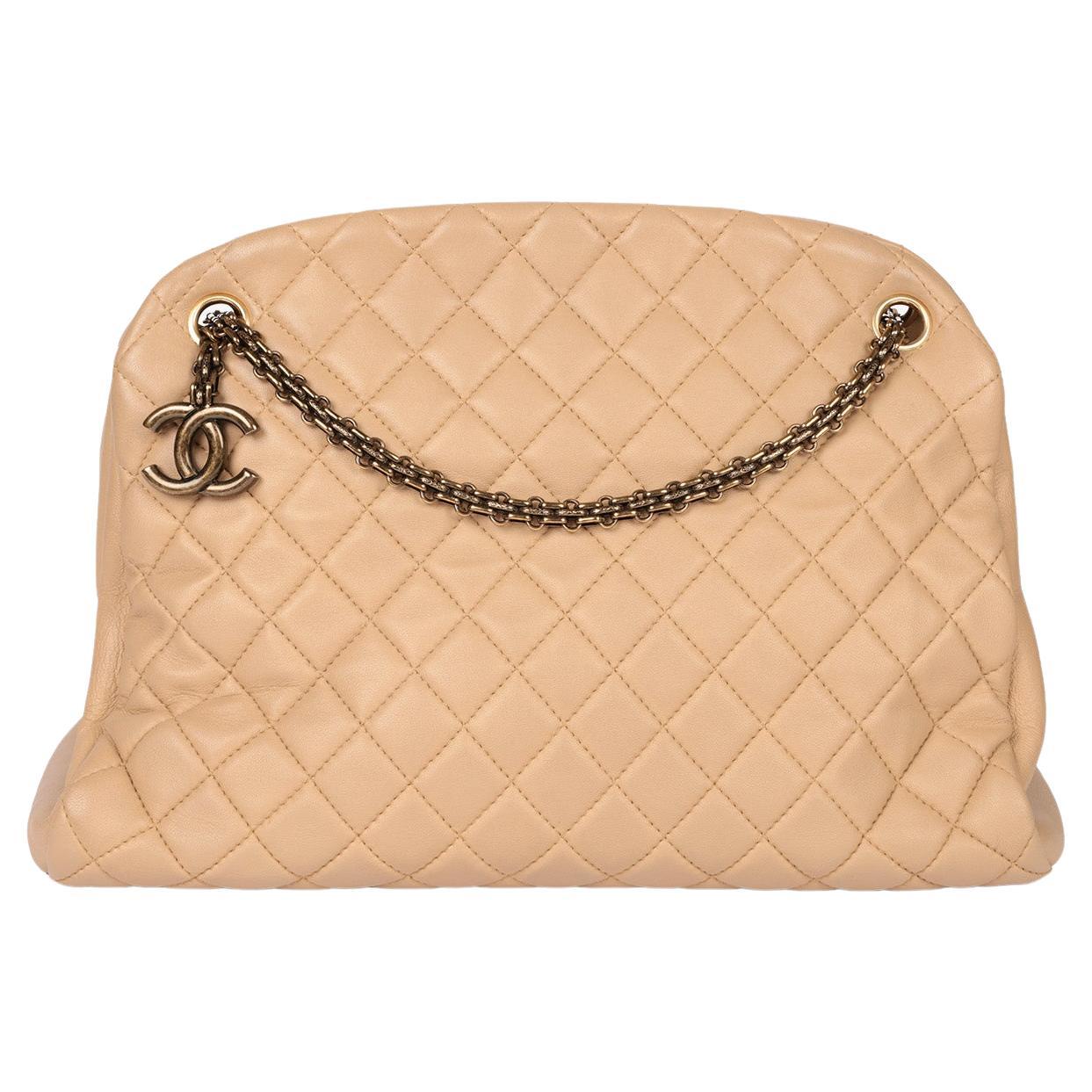 Chanel Beige Quilted Lambskin Large Just Mademoiselle Bowling Bag For Sale