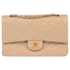 Chanel Beige gesteppte Vintage Medium Classic Double Flap Tasche aus Lammfell und Leder