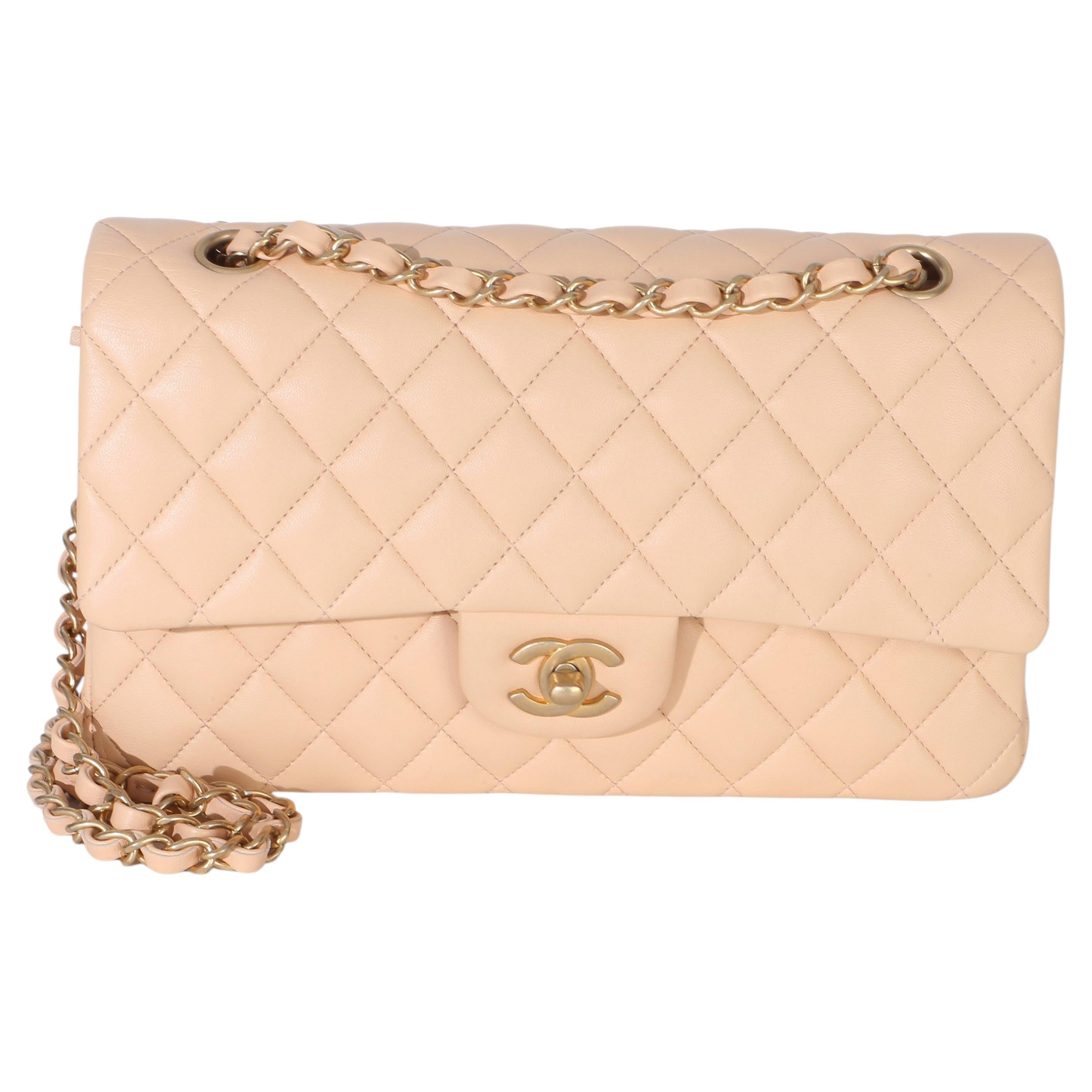 Chanel Beige Quilted Lambskin Medium Classic Double Flap Bag For Sale