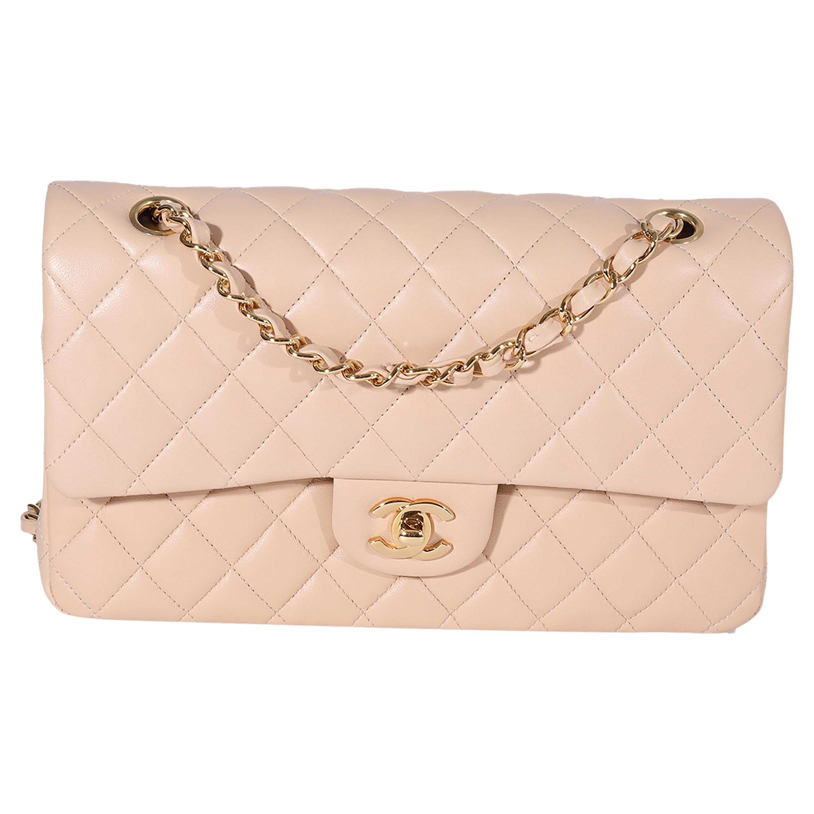 Chanel Beige Quilted Lambskin Medium Classic Double Flap Bag For