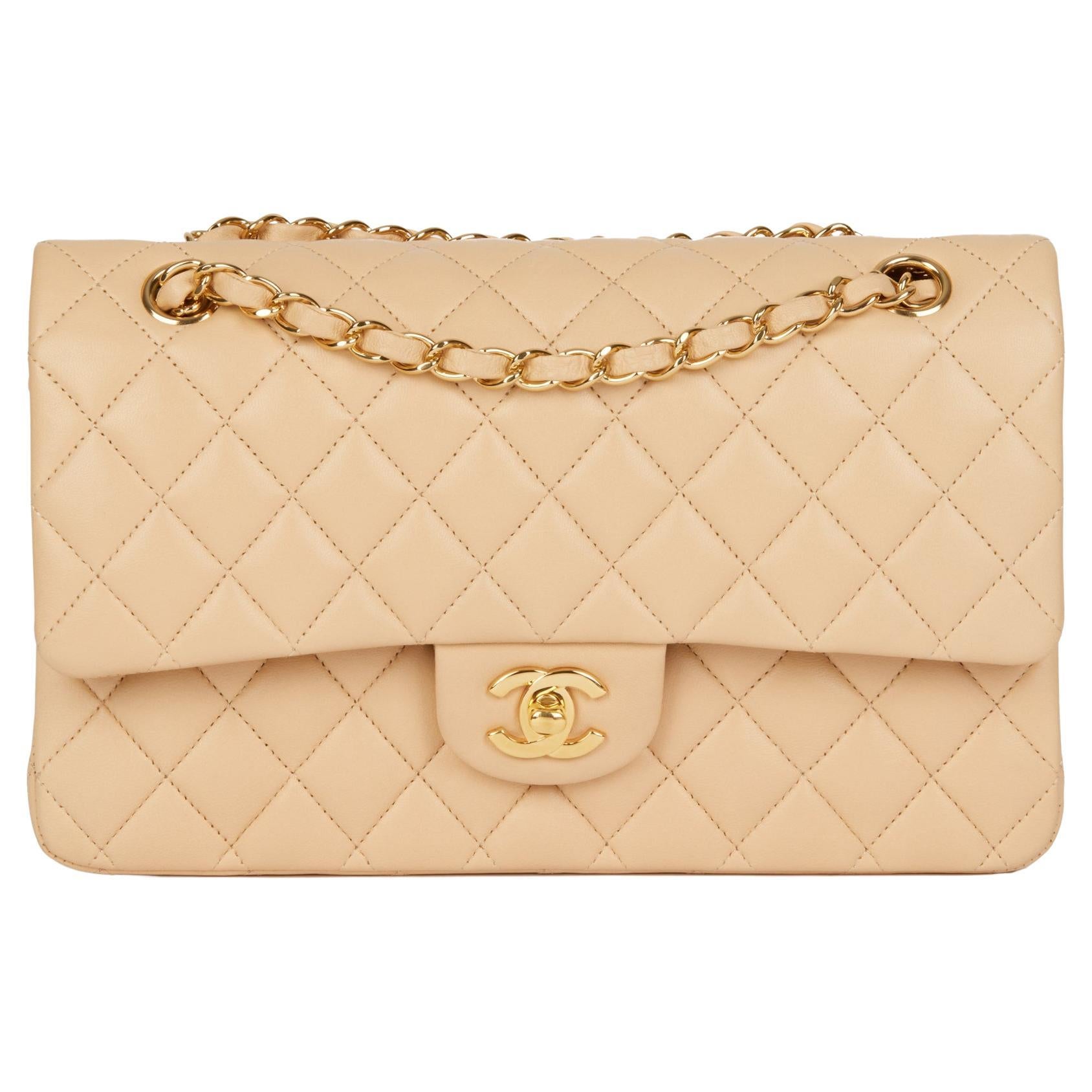 CHANEL Beige Quilted Lambskin Medium Classic Double Flap Bag