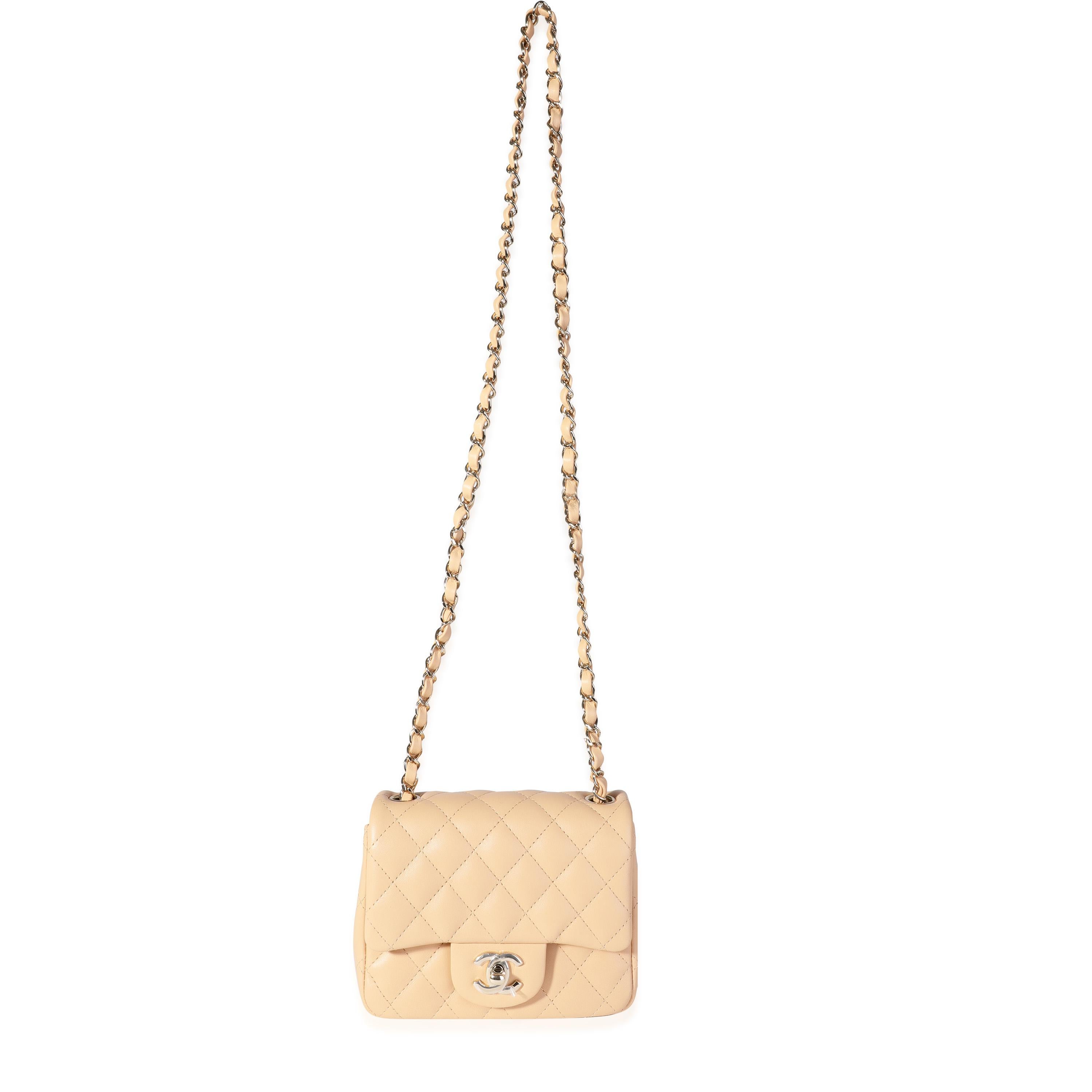 Listing Title: Chanel Beige Quilted Lambskin Mini Square Classic Flap Bag
SKU: 116647
Handbag Condition: Never Worn
Brand: Chanel
Model: Chanel Lambskin Classic Mini Square Flap
Origin Country: Italy
Handbag Silhouette: Crossbody Bag;Shoulder