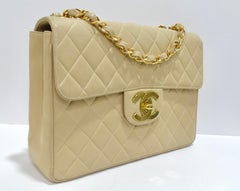 Chanel Beige Quilted Lambskin Single-Flap Jumbo Handbag
