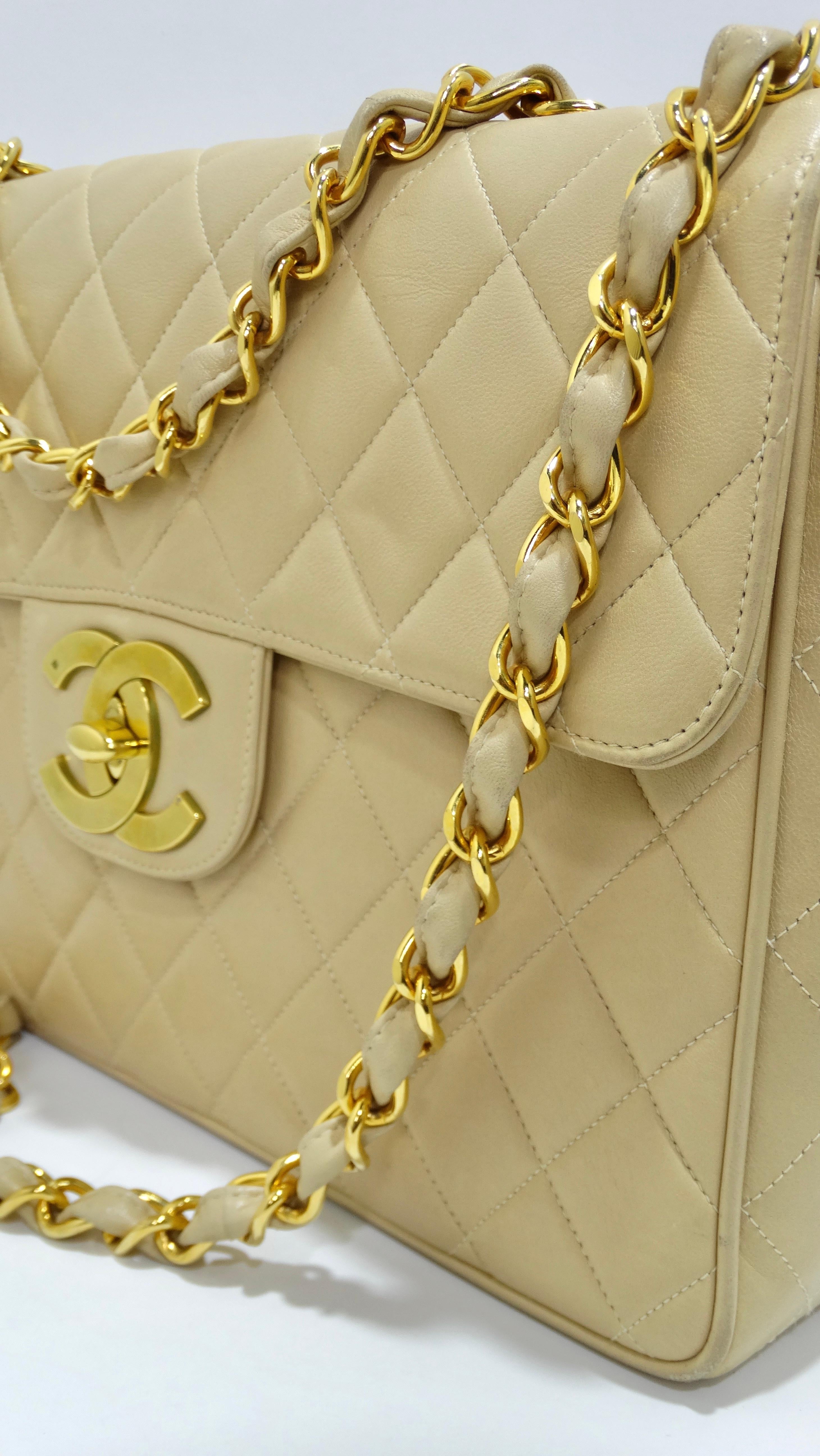 Chanel Beige Quilted Lambskin Single-Flap Jumbo Handbag In Good Condition In Scottsdale, AZ