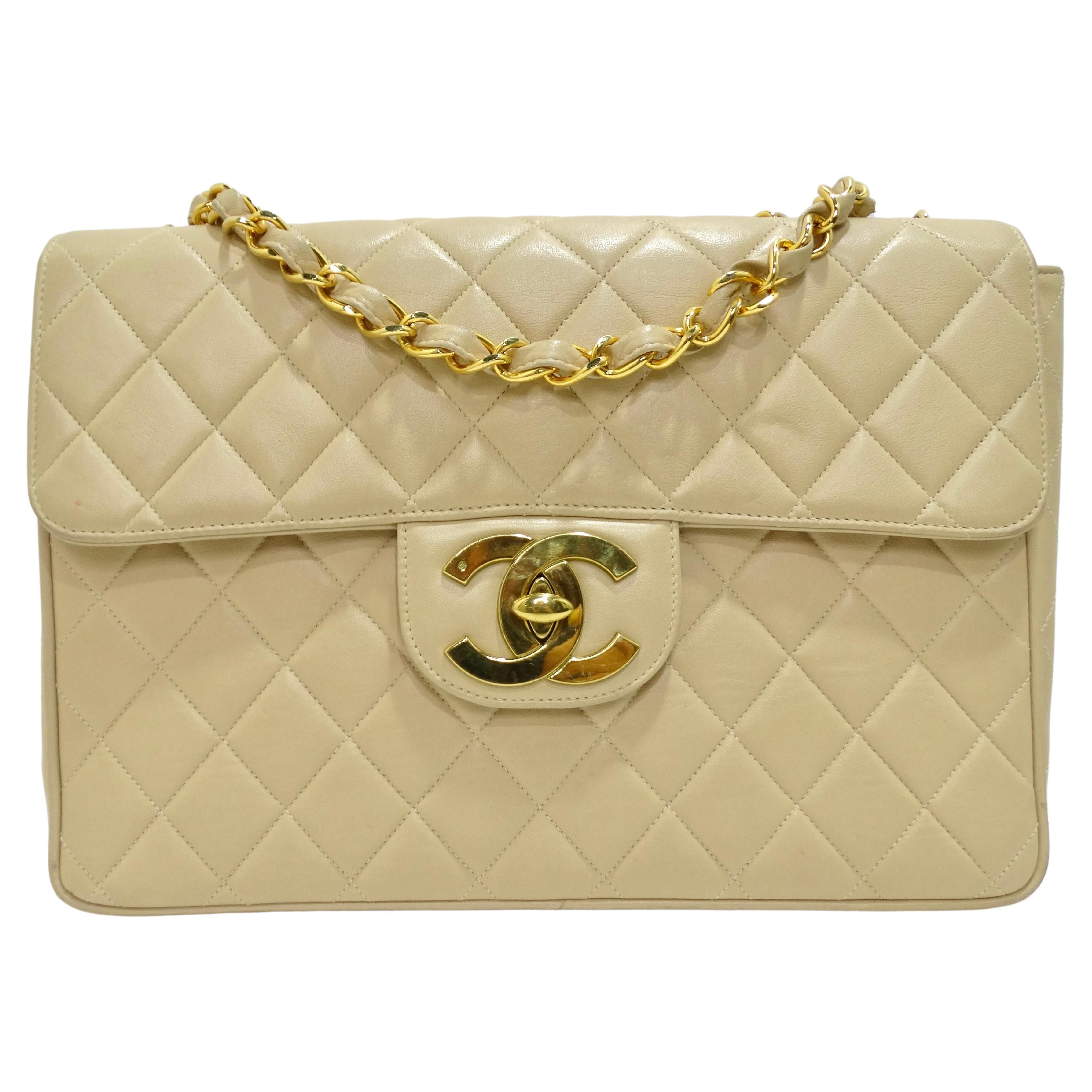 Chanel Beige Quilted Canvas Jumbo Vintage Flap Bag