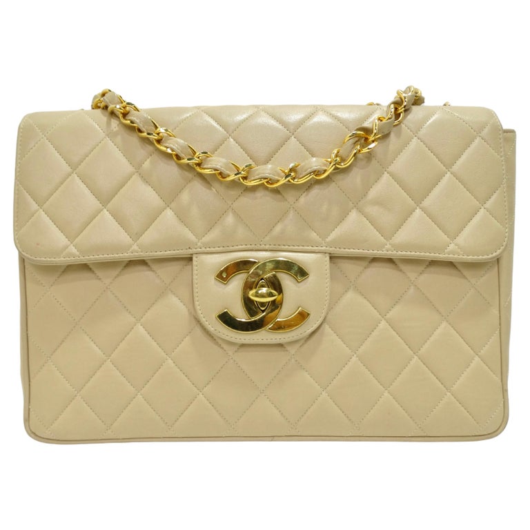 Chanel Beige Quilted Lambskin Single-Flap Jumbo Handbag For Sale at 1stDibs
