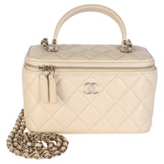 Chanel Beige Quilted Lambskin Small Top Handle Vanity Case With Chain