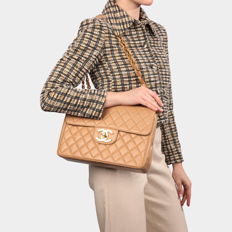 CHANEL Beige Quilted Lambskin Vintage Jumbo XL Classic Single Flap Bag