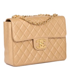 CHANEL Beige Quilted Lambskin Vintage Jumbo XL Classic Single Flap Bag